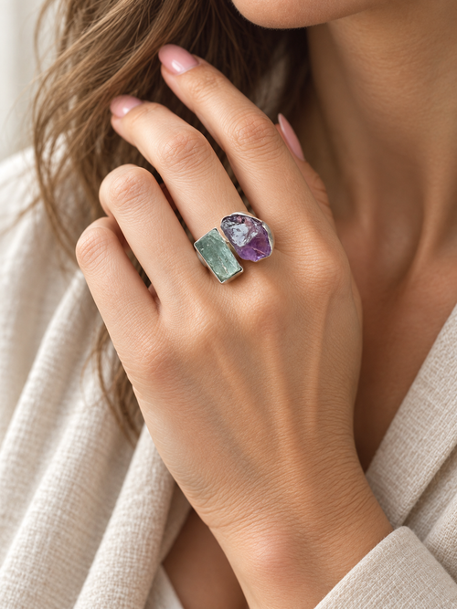 Anello Ametista e Kyanite Verde