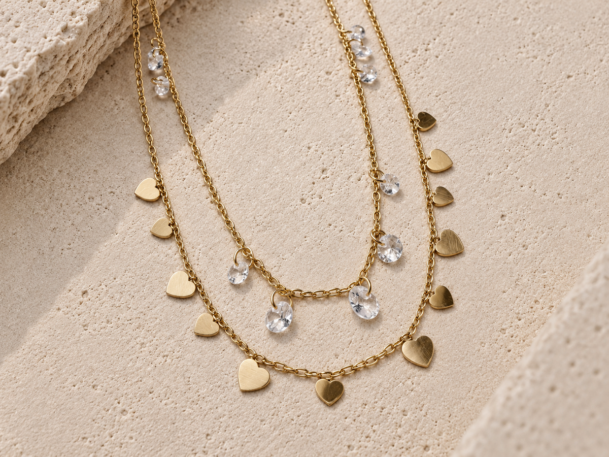 Collana Doppio Filo Cuori e Cristalli