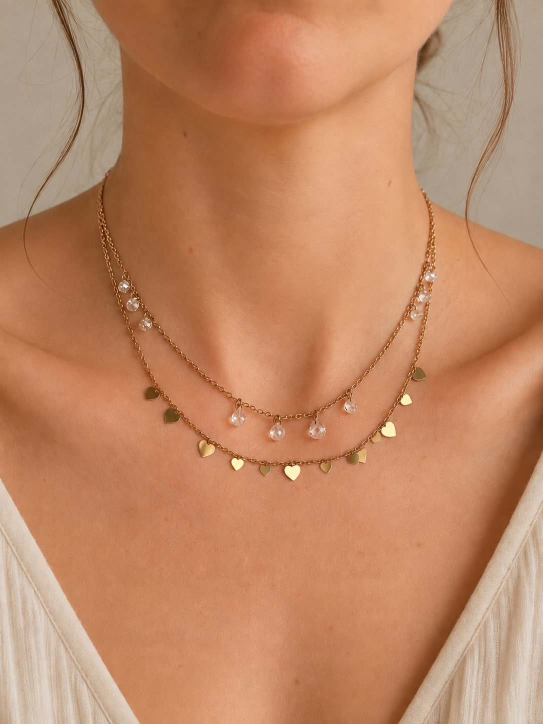 Collana Doppio Filo Cuori e Cristalli